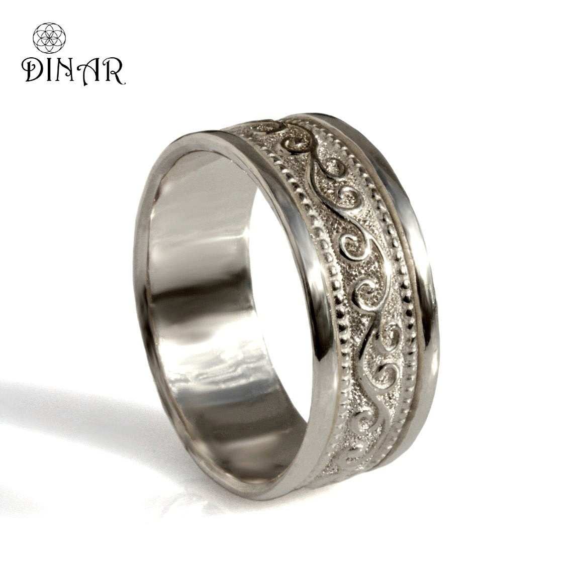 Scrolls 18K Solid Gold Wide Wedding Ring, Art Deco Pattern Milgrain Engravings Band, Men's Large 18 Karat Engraved Scrolls Ring