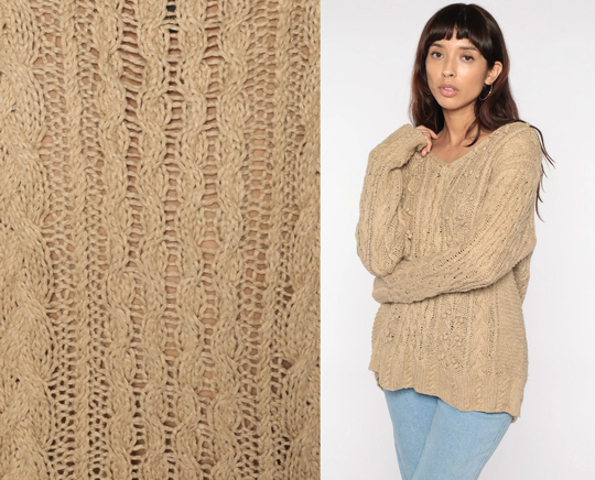 Beige Sweater 90S Silk Blend Cable Knit Pullover Slouchy Boho V Neck Cableknit 1990S Vintage Cotton Retro Medium