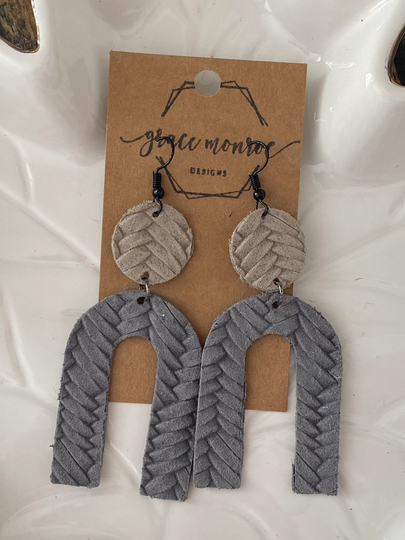 Blue Grey & Off White Leather Arch Earrings, U Boho Hippie, Trending Christmas Gift, Braided