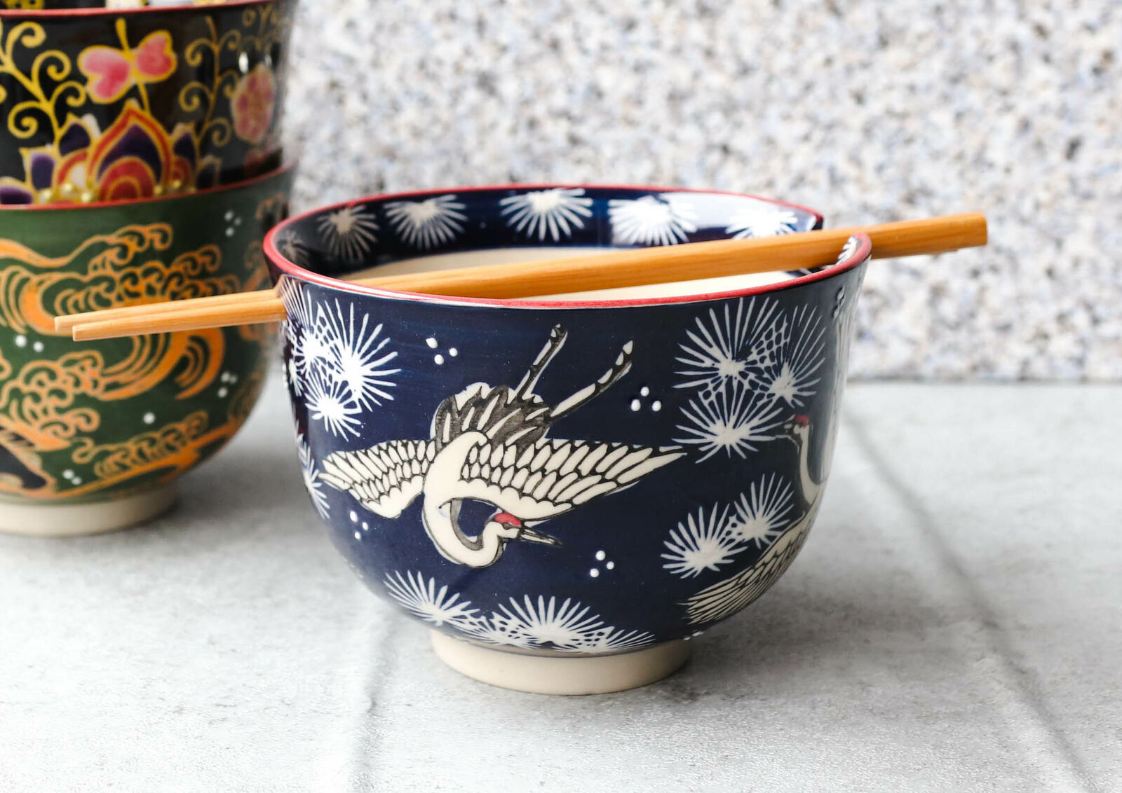 Japanese White Stork In Dark Blue Starry Sky Ramen Soup Bowl With Chopsticks Set