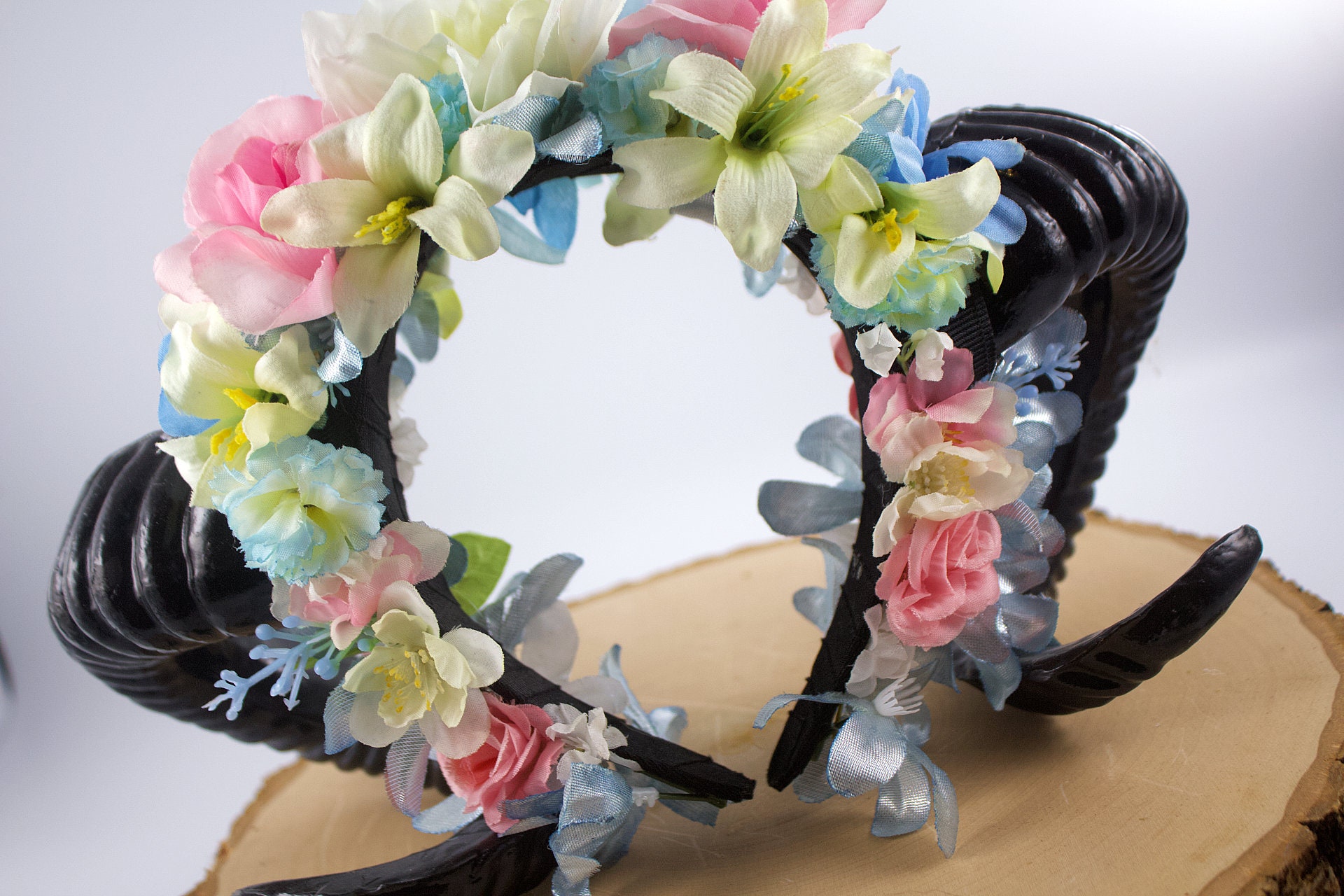 Custom Transgender Pride Silk Flower Ram Horn Headband