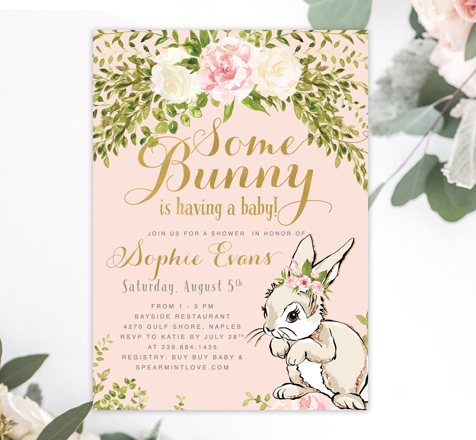 Bunny Baby Shower Invitation Girl, Some Invitation, Little Girl Invite, Floral - Sophia