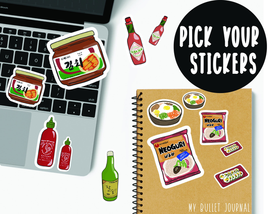 Korean Stickers, Pick Your Bibimbap, Kimbap, Ramen Noodles, Soju Kawaii Sriracha Sticker, Tabasco Sticker