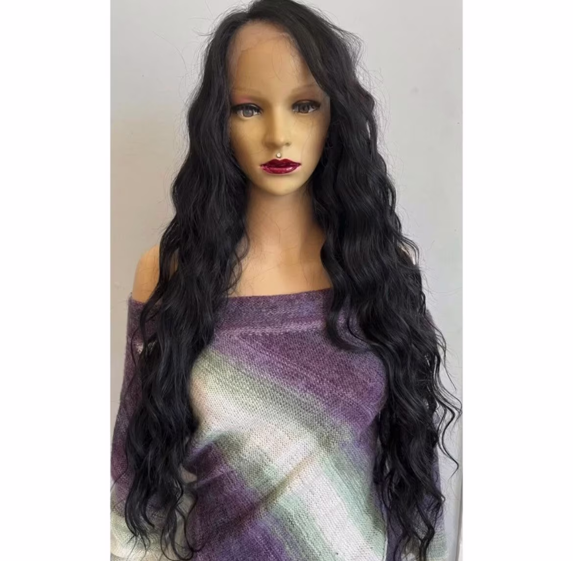 Long Wavy Black Front Lace 13x6 Parting Human Hair Blend Daily Wig