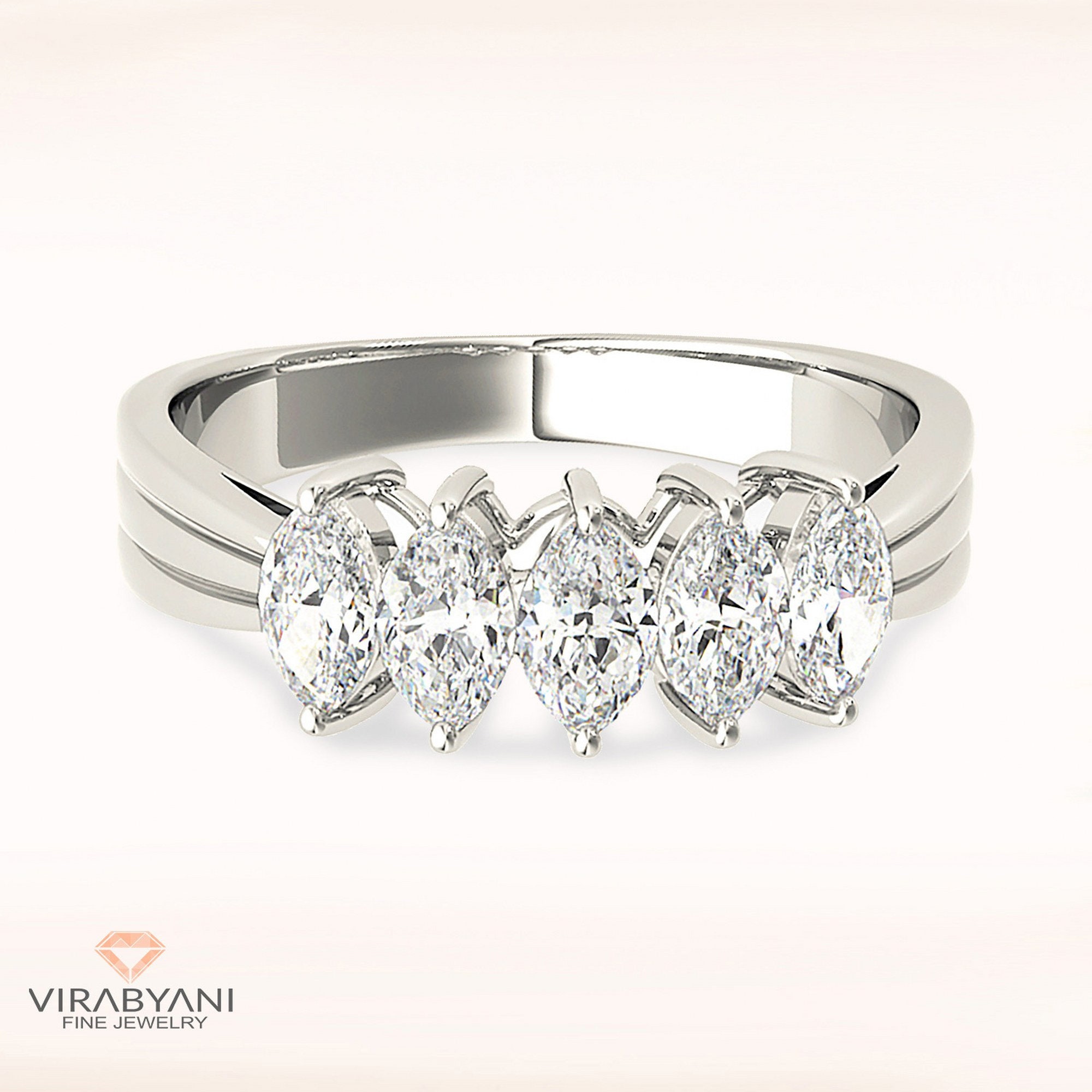1.00 Ctw Marquise Cut Diamond Wedding Band - 14K/18K Solid White Gold/Platinum | Five Stone Anniversary Ring