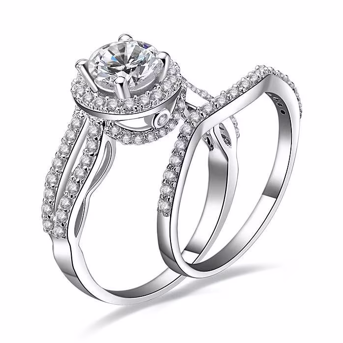 1.8Ct Round Cut Halo 925 Sterling Silver Cz Engagement Ring Stack-Able Half Eternity Wedding Band Bridal Rings Set Sizes 3-12 B015