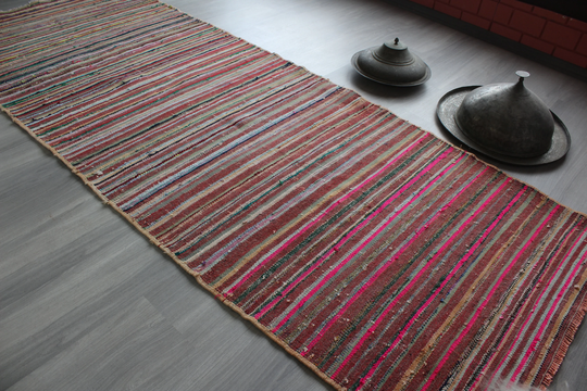 3'x9' Rag Rug Runner, Ethnic Bohemian Vintage Striped Kilim Cotton Handmade Runner/N-1008 3'3"x9'2"