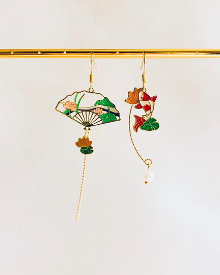Enamel Koi Fish Lotus Flowers & Leaves Japanese Fan Asymmetrical Dangled Drop Earrings, Handmade Buddhism Zen Earrings