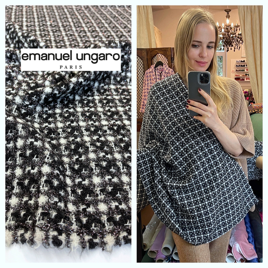 Boucle Plaid Fabric, Luxury Wool Blend Tweed, Black White Check Silver Lurex Tartan, Emanuel Ungaro - Paris, For Suit, Jacket, By 1.85 Meter