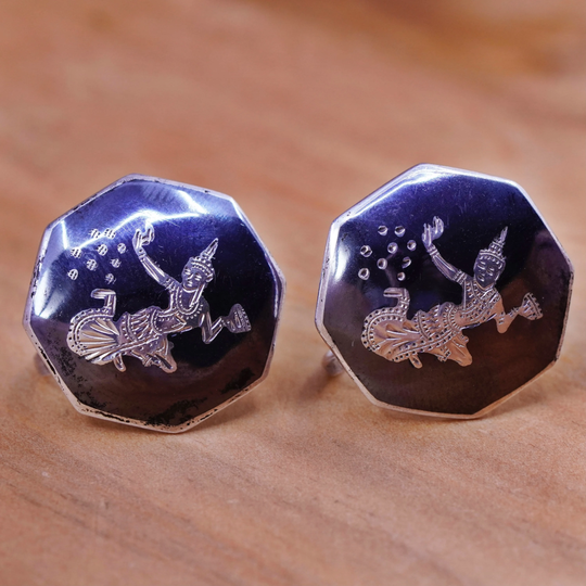 Vintage Siam Sterling Silver Clip On Earrings, 925 Teardrop Niello Silver, Siam, Stamped Sterling