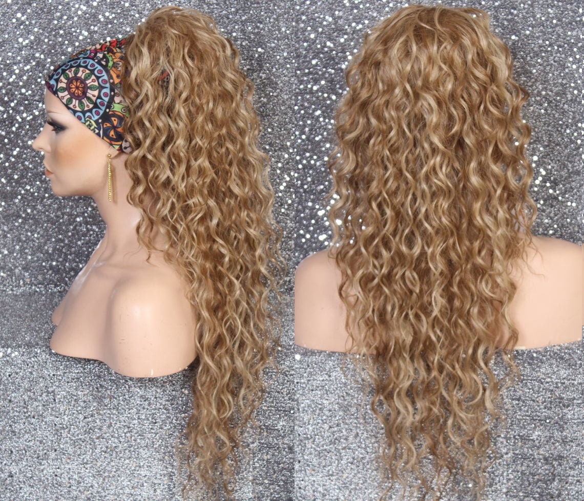 Dk Ash Blonde Mixed Human Hair Blend Ponytail Hairpiece Drawstring Ex Long Wavy Just Put It On & Go Can Be Wrapped Around As A Bum