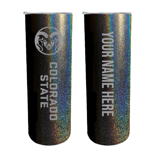Colorado State Rams 20 oz Customizable Insulated Stainless Steel Skinny Tumbler - Rainbow Glitter Black