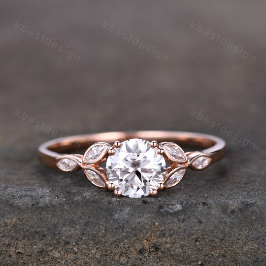 Moissanite Engagement Ring Vintage Unique Marquise Cut Cluster Round Rose Gold Bridal Promise