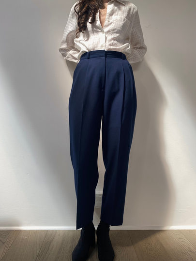 Wool Blend High Rise Navy Trousers