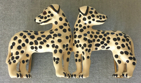 Rarest Mimi Di N Signed Dalmatian Kissing Puppy Dogs White & Black Enamel Belt Buckle Gold Metal Glass Eyes Vintage Designer Runway Couture