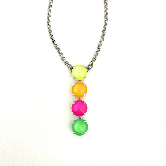 Electric Neon Crystal Four Stone Drop Necklace ~ 12mm Antique Silver Hot Pink Lime Green Orange & Yellow