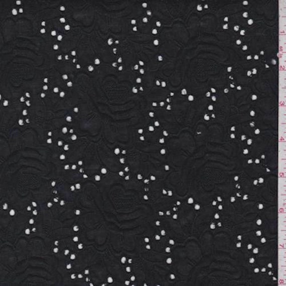 Black Linen Blend Embroidered Floral Eyelet, Fabric By The Yard