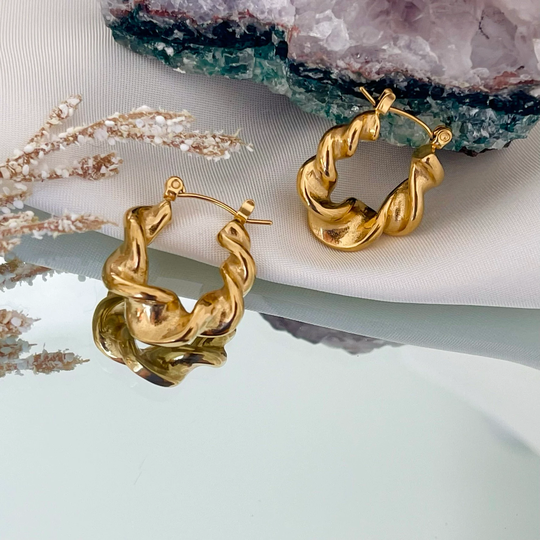18K Gold Spiral Earrings Dainty Croissant Twist Dome Huggie Hoop Chunky Hoops Waterproof Minimalist Jewelry Anniversary Gift
