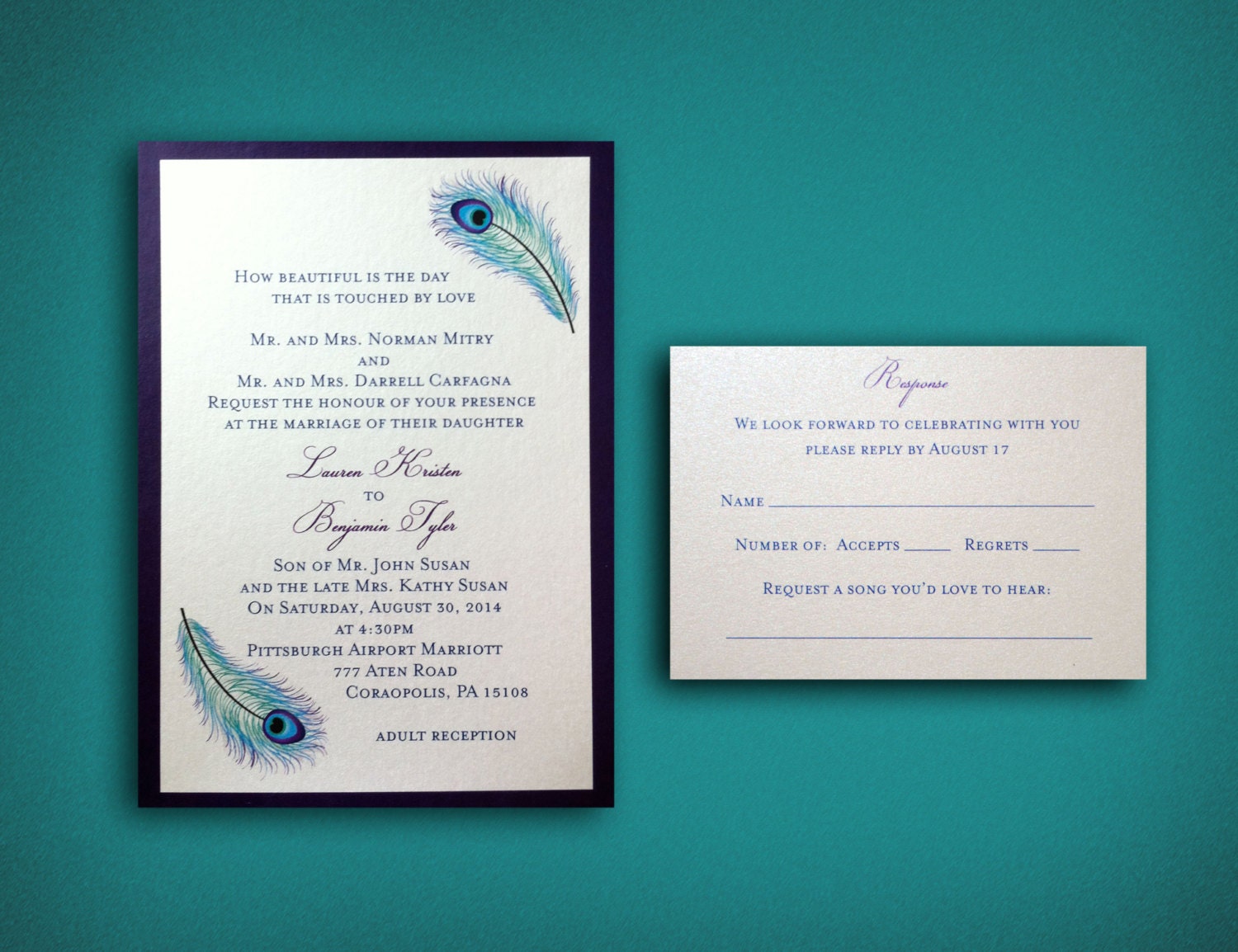 Peacock Feather Wedding Invitation Set Response Card Invitations Summer Invites
