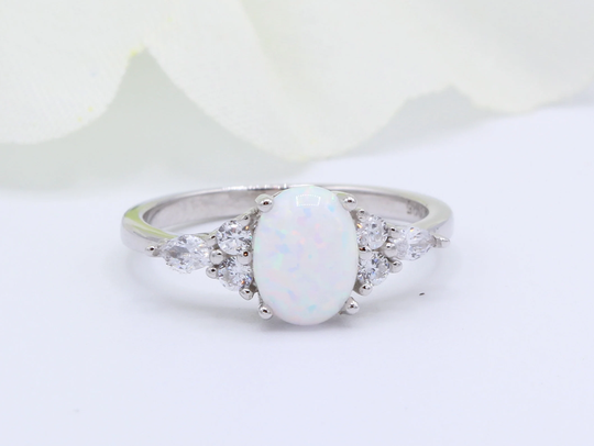 Vintage Art Deco Oval Lab White Opal Wedding Engagement Bridal Ring Marquise Round Diamond Cz Accent 925 Sterling Silver