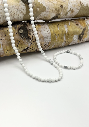 Matte White Howlite Beaded Bracelet & Necklace Set, Handmade, Stretch, 6mm