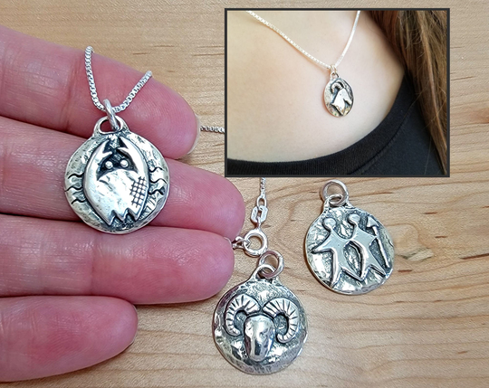 sterling Silver Rustic Zodiac Charm Necklace -Chain Optional - Double Sided, Dimensional Charms By Designer Mary B Hetz -Made in Usa