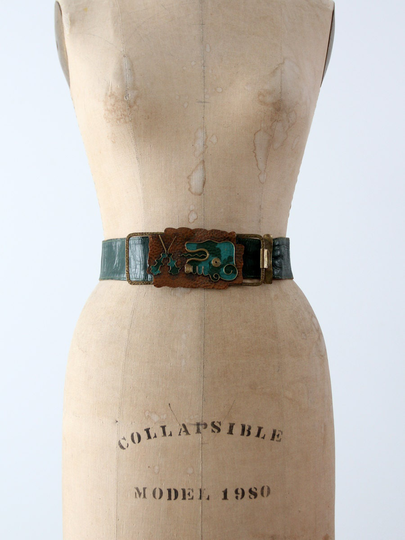 Vintage Fashion Belt, Green Leather Waist Belt With Brass Art Buckle