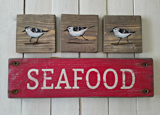 Wall Grouping - Seafood Sign Rustic White Background Sanderlings Custom Sign Painted Wall Arrangement Custom Colors