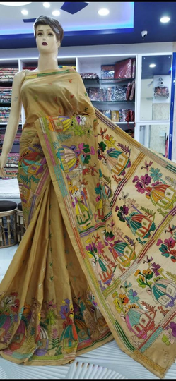 Hand Kantha Stich Over Blended Bangalore Silk Saree & Running Blouse Piece