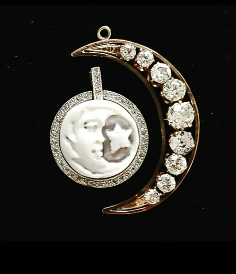 Antique Victorian Diamond Crescent Moon | 14K Gold Necklace 3 Ctw