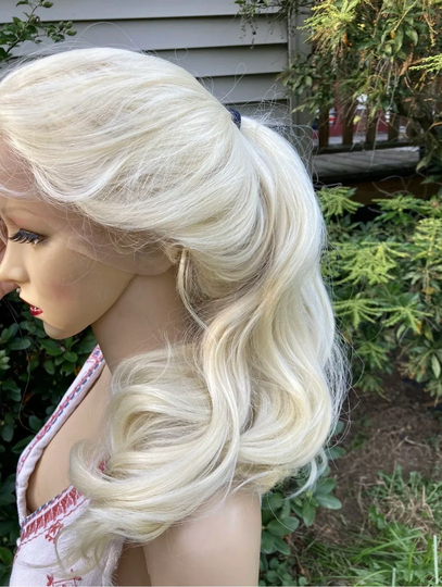 Long Blonde 613, 360 Lace Free Parting Human Hair Blend Wig Updos Daily