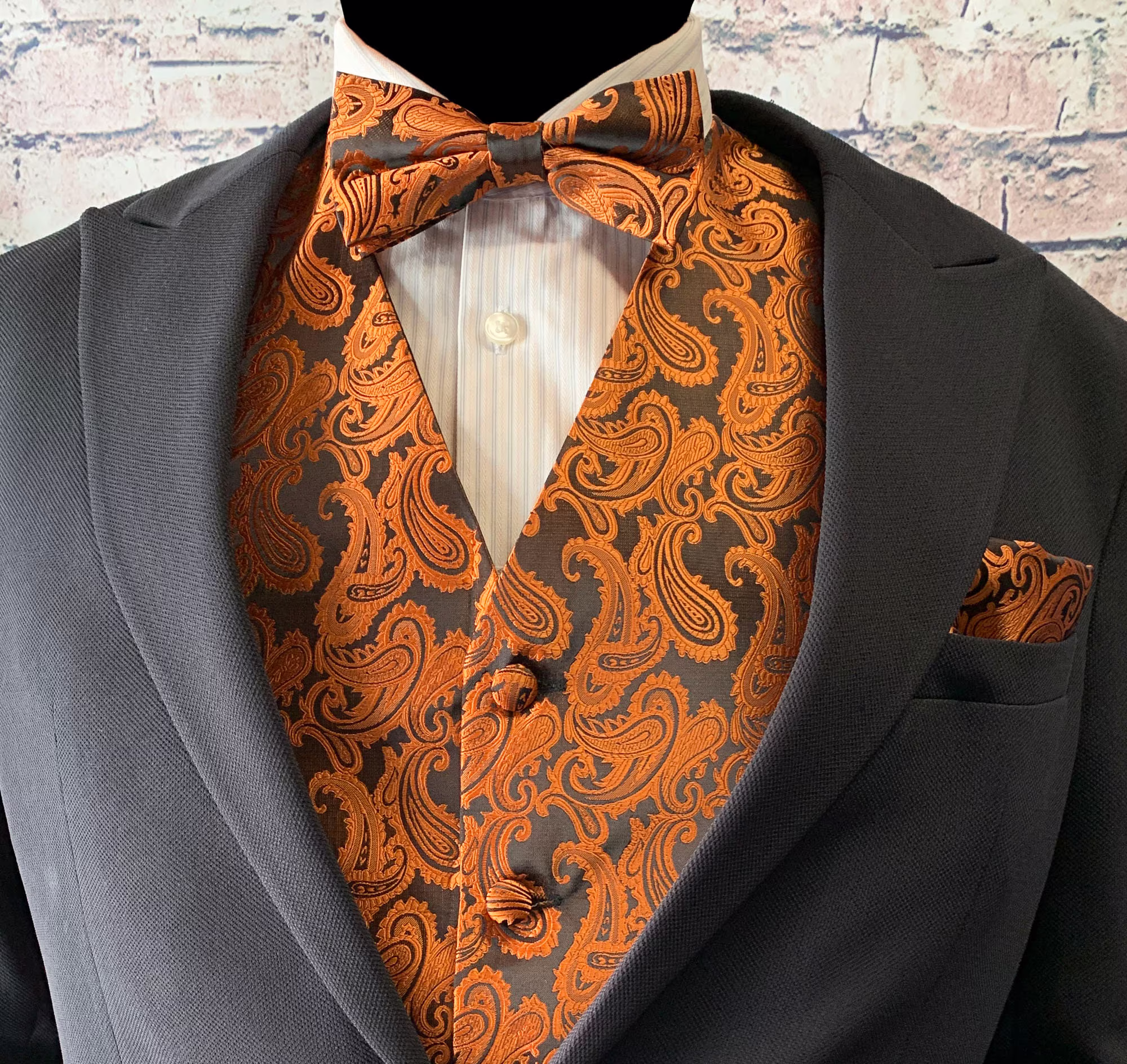 Rust Orange/Black Two Tones Paisley Men's Vest Pre-Tied Bow Tie & Pocket Square 3Pcs Set For All Formal Or Casual Prom Wedding Party