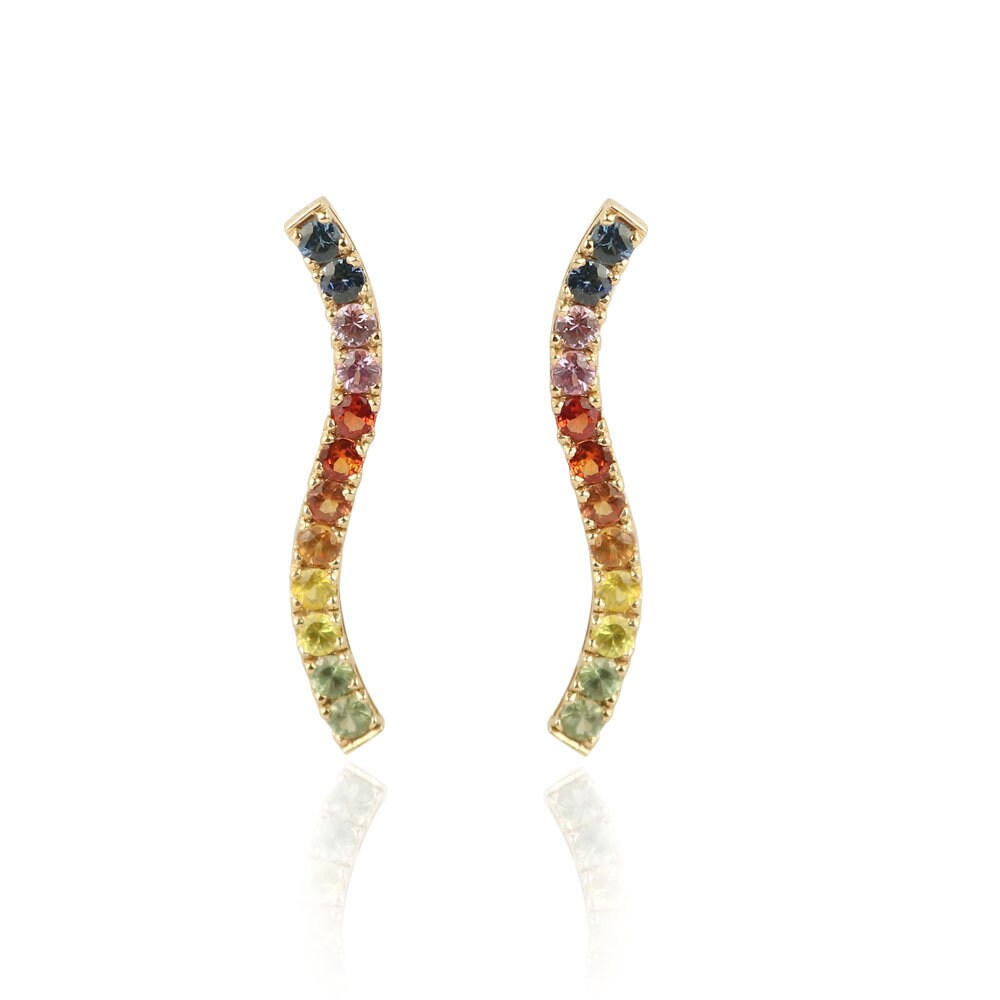 Rainbow Sapphire Earring Studs Climbers in 14K 18K Gold, Natural Multi Huggies Earrings, Ombre Gradient Rainbow Earrings Gold