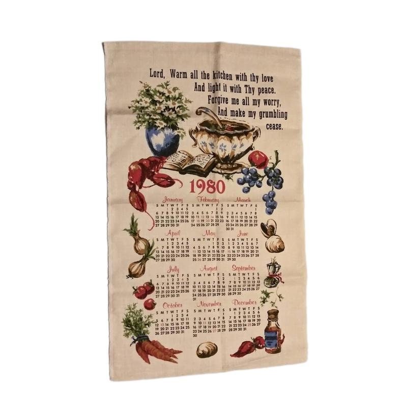 Vintage Tea Towel 1980 Calendar Lobster Boil Flowers & Vegetables Soup Kitchen Prayer 80's Home Decor Linens