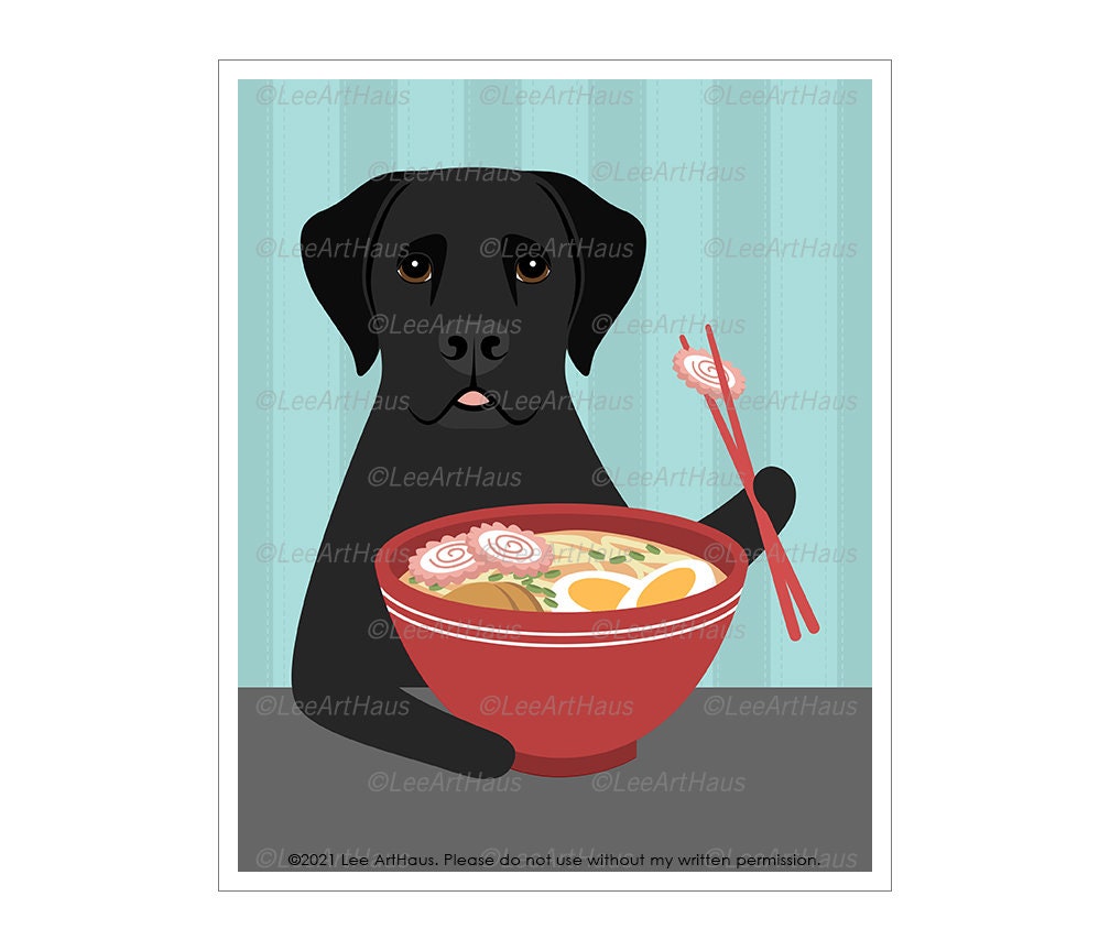 62D Ramen Decor - Black Labrador Retriever Dog Eating Wall Art Bowl Noodles Prints Lab Gift
