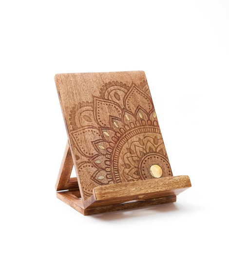 Handmade Solid Wood, Collapsible, Tablet, Book, Ipad, Cookbook, Recipe, Holder, Stand For Kitchen Or Desk, Mandala Design, By Matr Boomie