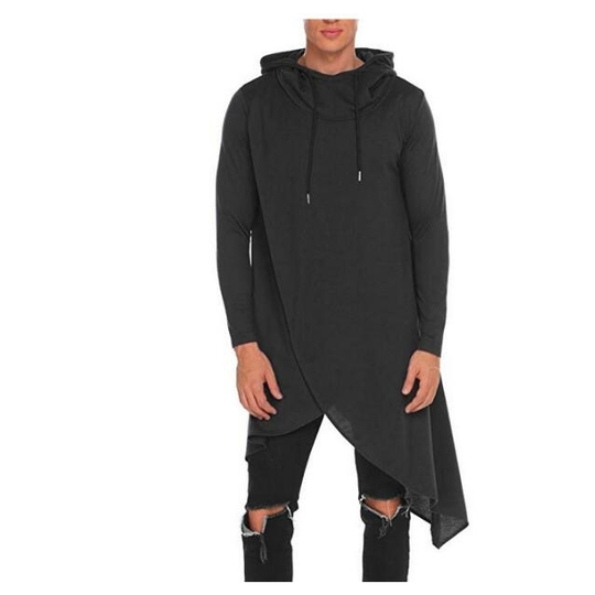 Men's Hoodie Hooded Sweatshirt Casual Hip Hop Long Length Cloak Cotton Blend Pullover - Black, XS