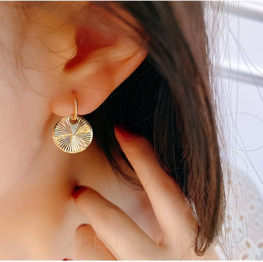 10K Solid Gold Flat Disc Drop Earrings, Round Faceted Hoop Vintage Huggies, Antique Cool Ear Piercings, Large Statement Earring