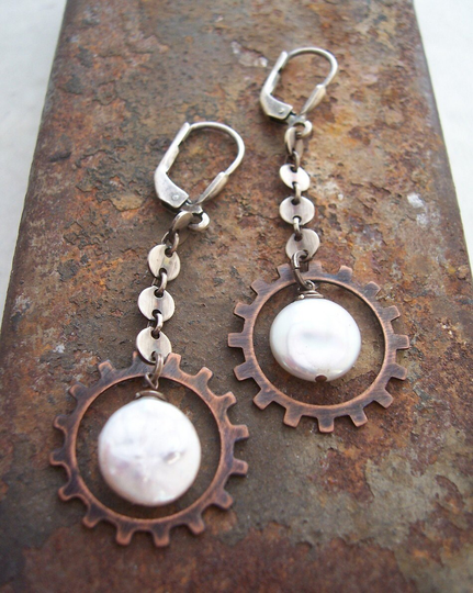 White Pearl Steampunk Earrings, Coin Pearl Earrings, Mixed Metal Earrings, Organic Industrial Jewelry