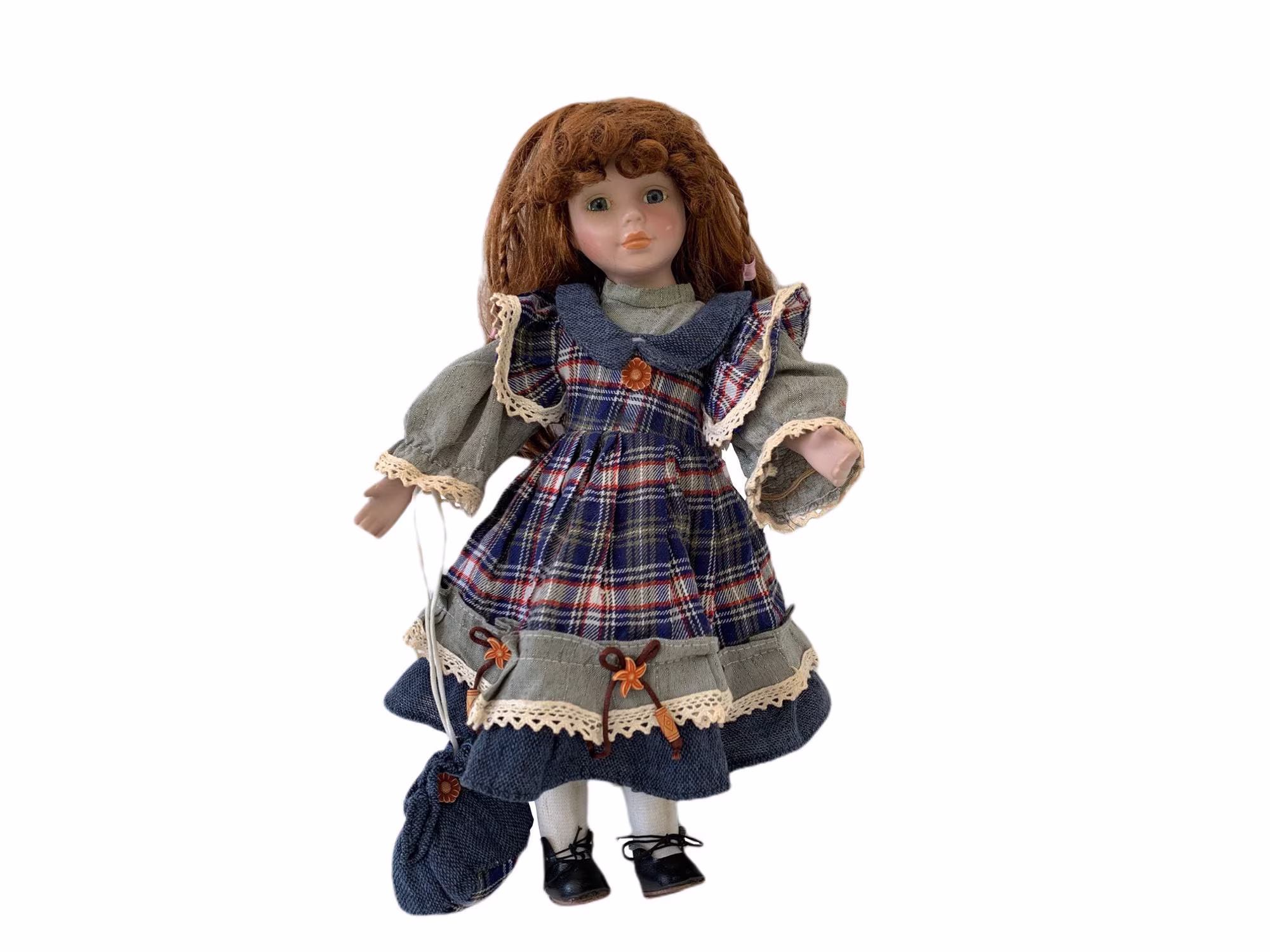 Vintage Porcelain Doll With Her Original Checked Dress, Collectible Bisque Doll, Rare Greek Doll, Christmas Gift