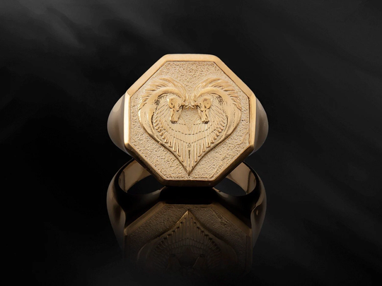 Mens Solid Gold Pegasus Ring, Double Head Horse 14K Greek Mythological Valentine's Day Gifts For Men