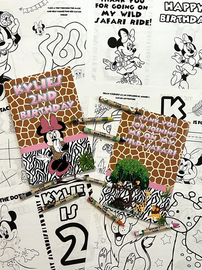 Kids Personalized Minnie Mouse Safari Coloring Books. Crayons. Two Wild. Party Favors. Activity Sheets.coloring Pages