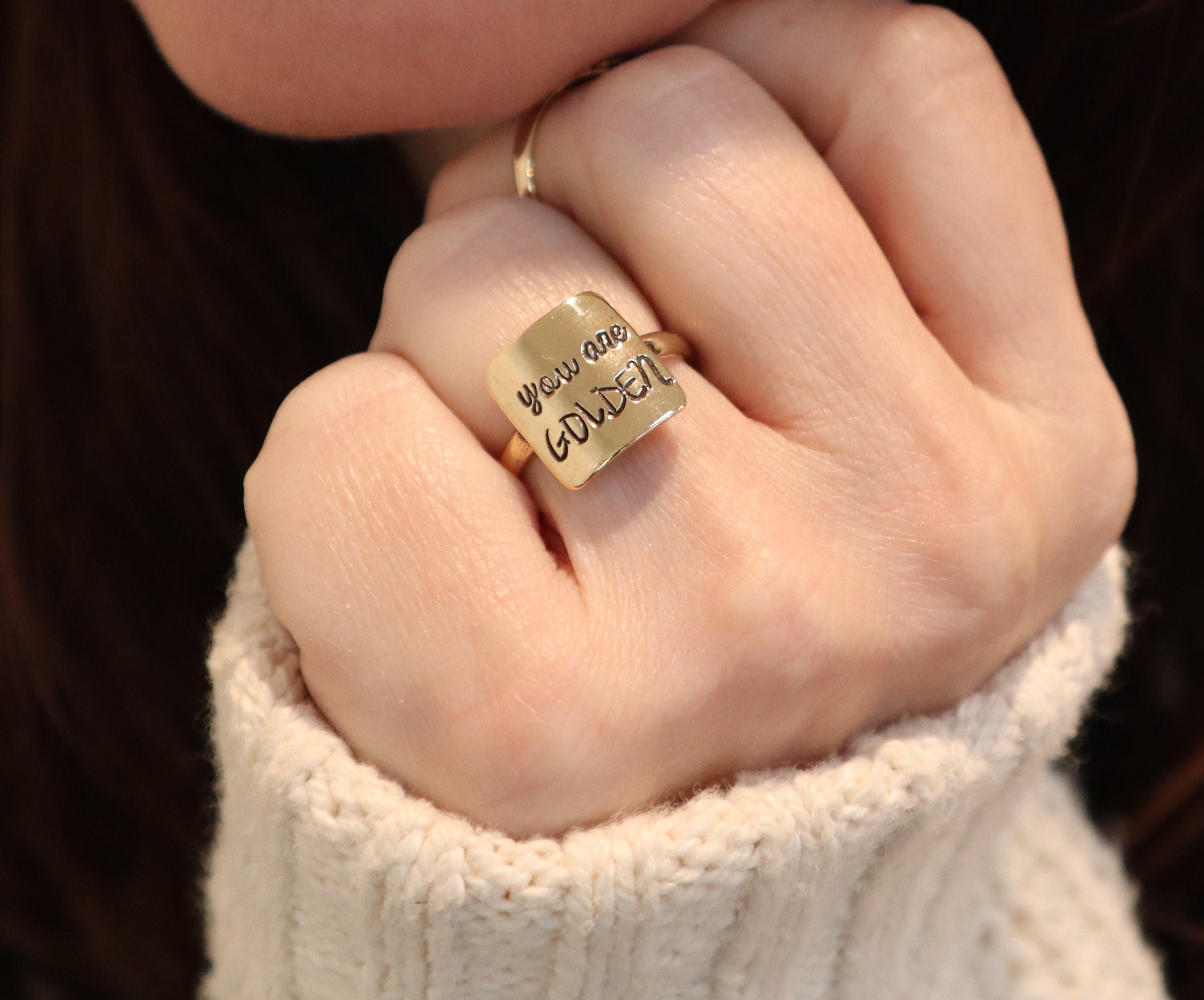 You Are Golden Quote Ring, Sterling Silver Finish, 24K Gold Inspirational Jewelry
