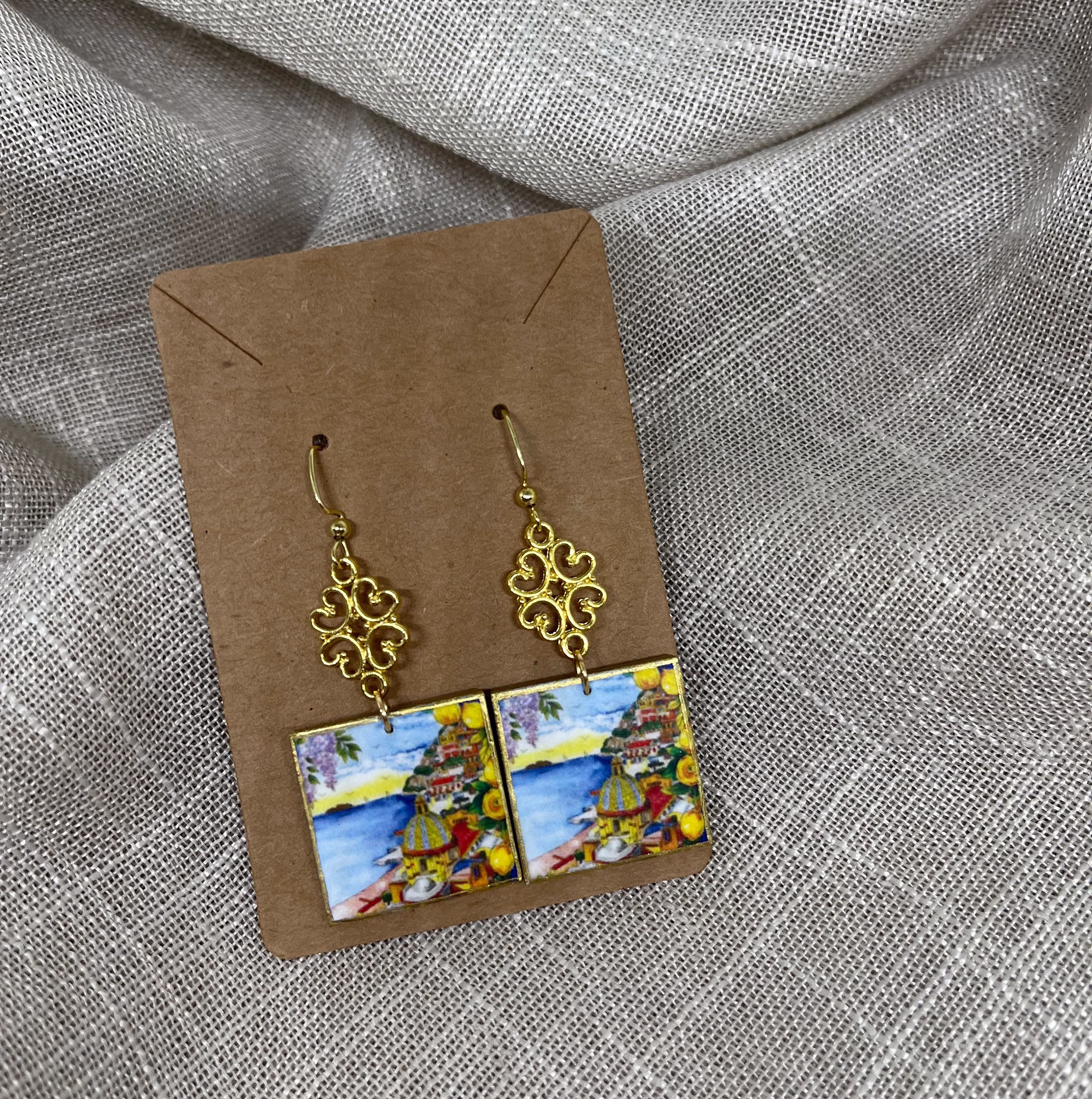 Positano Earrings | Wooden Ceramic Majolica Tile Inspired Amalfi Coast Landscape Mural Light Weight