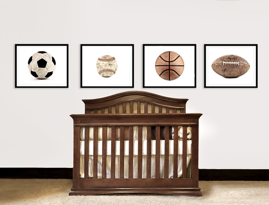 Vintage Football, Baseball, Soccer & Basektball Set Of Four On White Photo Prints, Vintage Sports Nursery, Boys Room, Man Cave