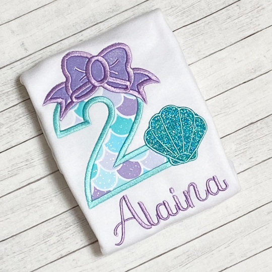Mermaid Birthday Shirt. Scales Shirt, 2nd Birthday, Personalized Glitter, Purple Teal Pink Mermaid, Number Bow Shirt