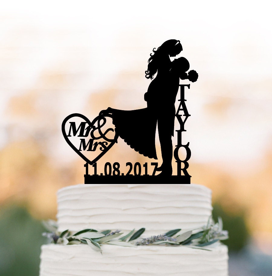 Bride & Groom Wedding Cake Topper Mr Mrs, Silhouette Wedding Cake Custom Name, Personalized With Date