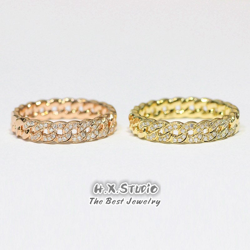 Diamond Link Chain Wedding Ring in Solid 18K Gold/Infinity Twisted Ring/Half Eternity Stackable Ring/Custom Fine Jewelrygift For Her