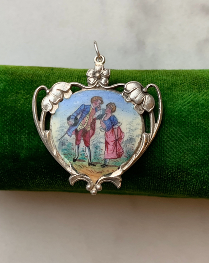 Antique Sterling Silver 925 Enamel Classical Portrait Couple Floral Flower Pendant