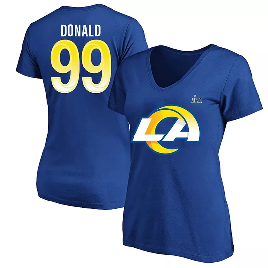 Women's Fanatics Branded Aaron Donald Royal Los Angeles Rams Super Bowl LVI Bound Plus Size Name & Number V-Neck T-Shirt, Size: 2XL, Blue